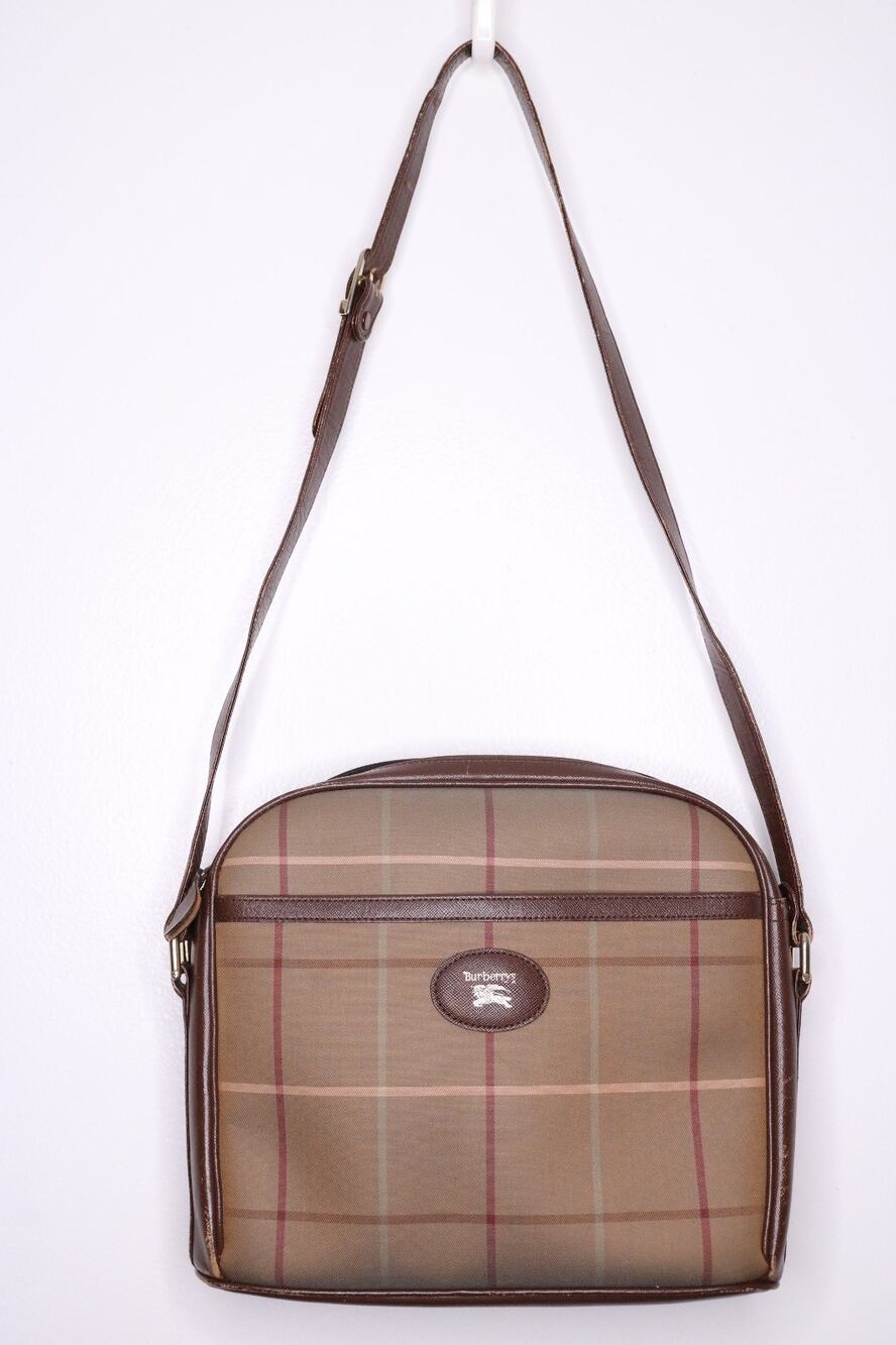 Vintage Burberrys Nova Check Crossbody Camera Bag Canvas Brown Leather